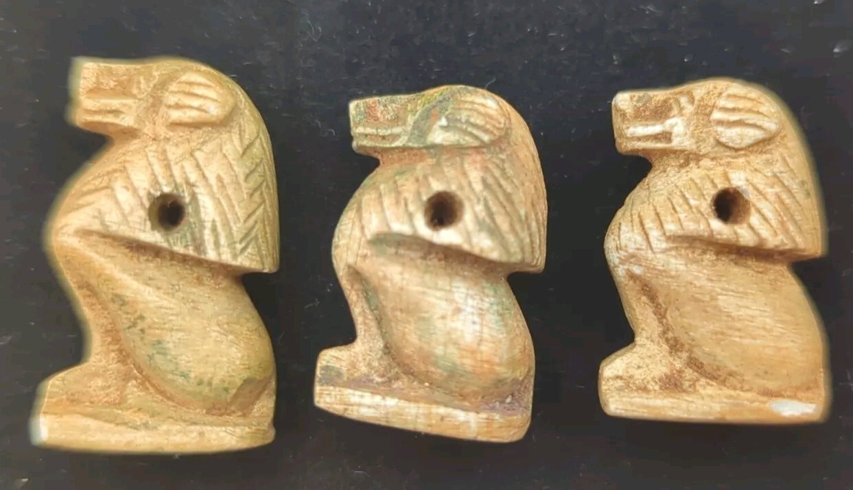 Carved Egyptian Faience Baboon Bead Thoth God Amulet Talisman 3pc Set