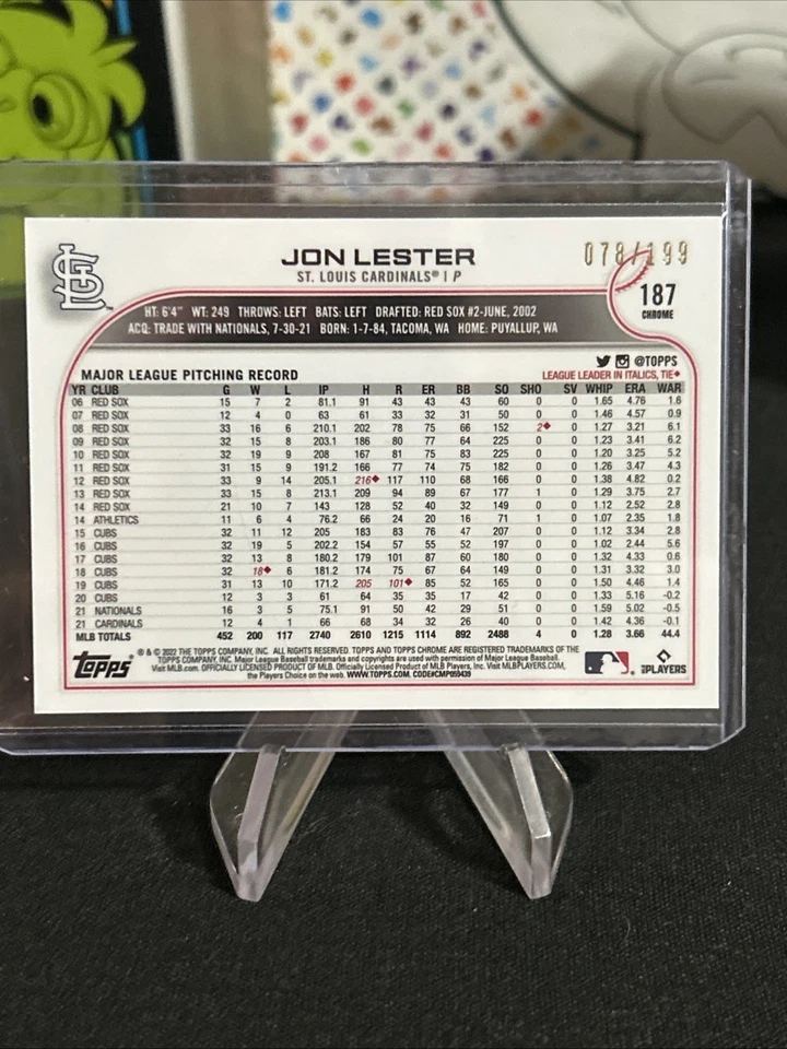 2022 Topps Chrome #187 Jon Lester Cotton Candy Sonic Refractor /199 - Pack Fresh - Image 4 of 4