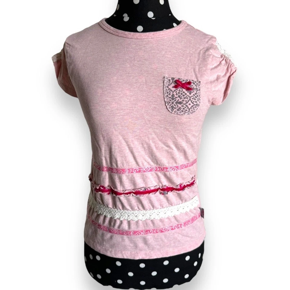 Naartjie Girls Top Sz 10 Pink Ribbon Pieced Short Sleeve Heather Shirt - Image 2 of 4