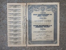 Aktie 1924 Rigaer Holzindustrie Gebr&uuml;der Theurer 200 Lat mit Talon No 343 alt