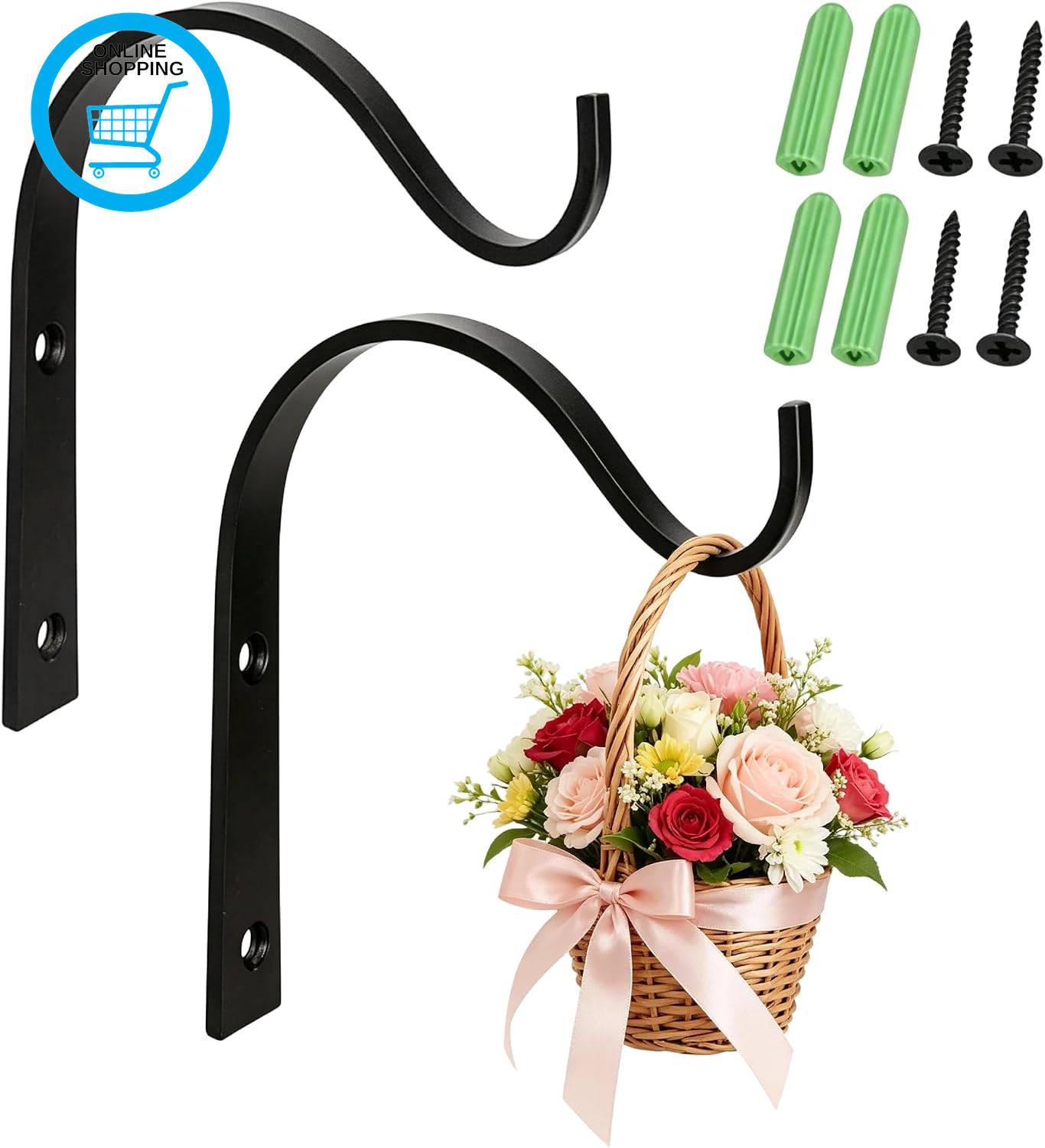 2Pcs Hanging Basket Brackets, Heavy Duty Wall Mounted Plant Hanger Hooks, Outdoo
