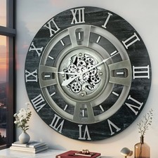 The Gears Clock ENGLAND LINE WALL CLOCK ROUND 24 INCH VINTAGE BLACK