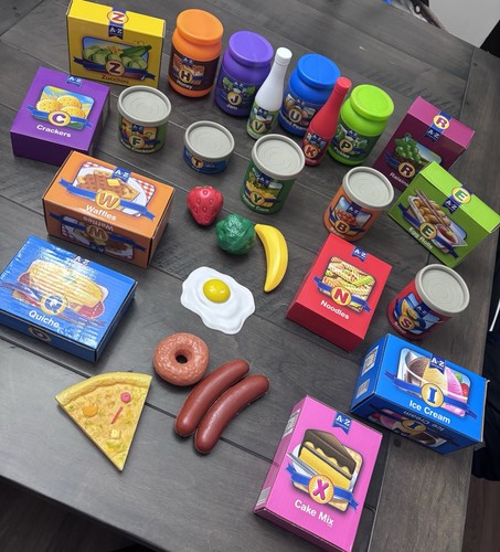 Lot of 28 Pieces Pretend Play Food Boxes Cans Learning Resources Egg Pizza Fruit