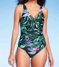 Women's Tropical Print Full Coverage Tummy Control Tie-Front One Piece Swimsuit