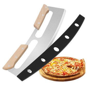 Pizza Cutter Rocker Blade with Wooden Handle, Premium 14inch Pizza Knife