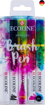 Ecoline Brush Pen Set Primär 5 Farben | Zusätzlich Schwarz und ein Blender Pen f