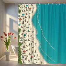 Beach Themed Shower Curtain with Colorful Umbrellas and Ocean Waves