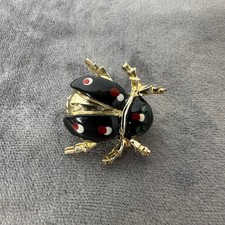 Ladybug Beetle Brooch Black Enamel Red Polka Dot Green Eyes Gold Tone Vintage