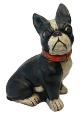 VTG Boston Terrier Dog Stone Chalk-ware Figurine Heavy Puppy CUTE Decor/Doorstop