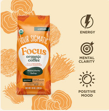 FOCUS Organic Coffee with Lion's Mane  Chaga Mushrooms, Ground, Dark Roast, 12