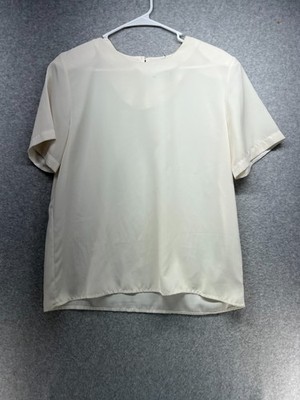Notations Womens Top Size M White Shoulder Pads Round Neck Button Short Sleeves