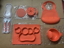 Baby 5 Piece Silicone Dinnerware Set Place Mat Cup Flatware Bowl Bib Red Crab 