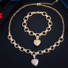 Top Love Heart Charm Bracelet Pendant Necklace Gold Plated CZ Luxury Jewelry Set