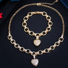 Dubai Yellow Gold Plated CZ Heart Charm Bracelet Necklace Wedding Jewelry Set