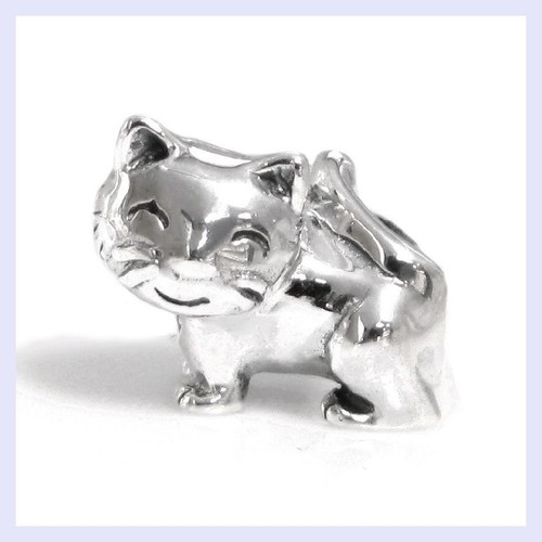 Sterling Silver 3D White Cat Heart Dangle Charm - Fits 3mm European Charm Bracelets & Necklaces
