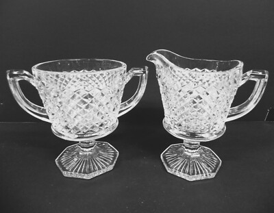 Diamond Cut Footed Creamer and Sugar Bowl by Westmoreland Glass