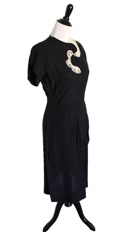 Винтажный 1940-х годов платье женщин S M черный вискоза пеплум кружева ар-деко старый Голливуд - Изображение 3 из 4