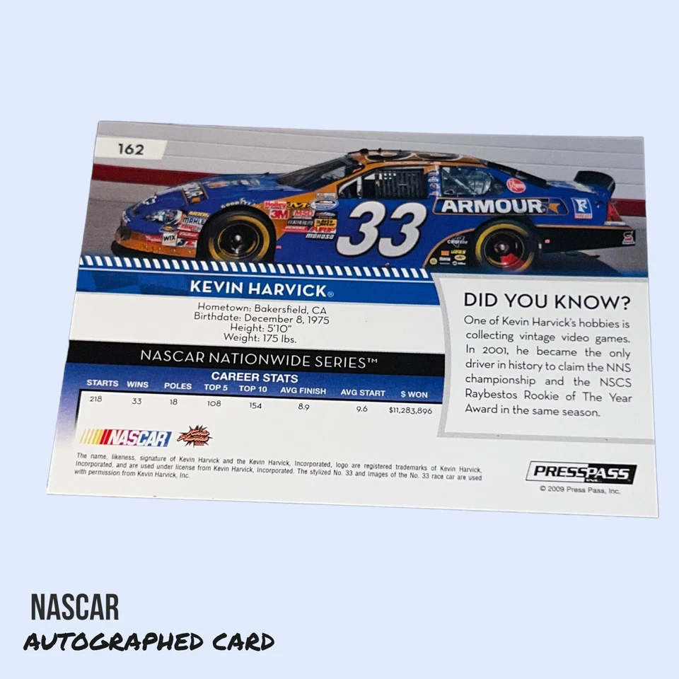 Kevin Harvick ARMOUR RACING #33 2009 PRESS PASS #162 autographed NASCAR card - Image 2 of 2
