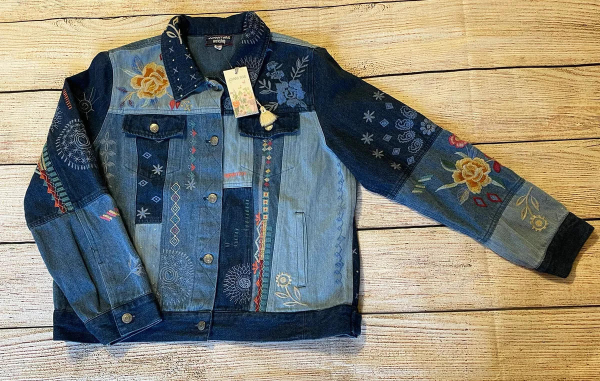 Johnny Was Taryn Embroidered Patchwork Denim Jacket Size M Denim Blue