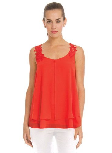 ARIANNE ANDY COLLECTION 5881 LACE TRIMMED CHIFFON CAMISOLE TOP IN PAPAYA - Picture 2 of 3