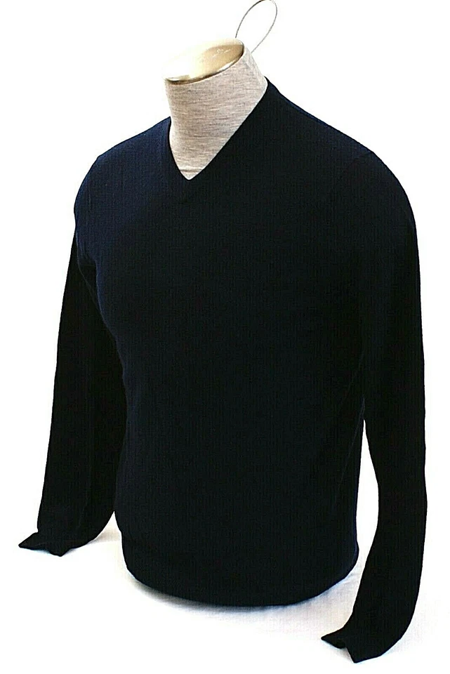 Suéter tejido de lana merino con cuello en V azul oscuro Garret Scott para hombre nuevo con etiquetas Foto 2 de 4