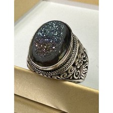 Chunky Sterling Silver Druzy Quartz Openwork Ring Size 8 3/4