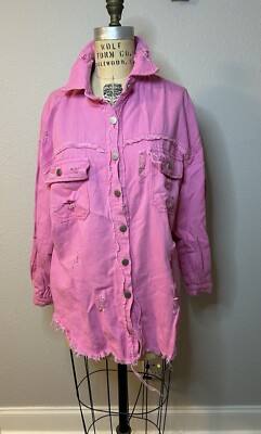 Ladies Pink Distressed Denim Button Down Jacket XL Size
