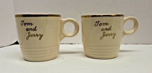 2 Lot Vintage Gold Trimmed Cream Bone China TOM & JERRY Coffee Punch Mugs Cups 