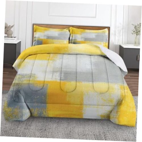 Grey Yellow Painting Gray Yellow Comforter Set Queen Size, Office Contemporary