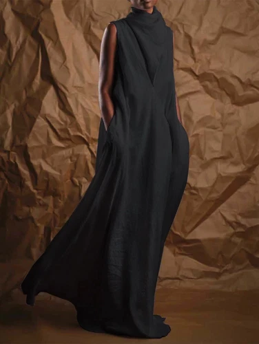 Womens Turtleneck Sleeveless Pockets Loose Long Dress Summer Fashion Maxi Gown - Picture 8 of 41