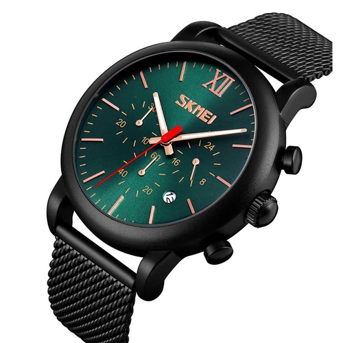 Reloj cronógrafo de cuarzo verde Skmei para hombre malla correa de metal pantalla de fecha SK9203 - Imagen 2 de 8