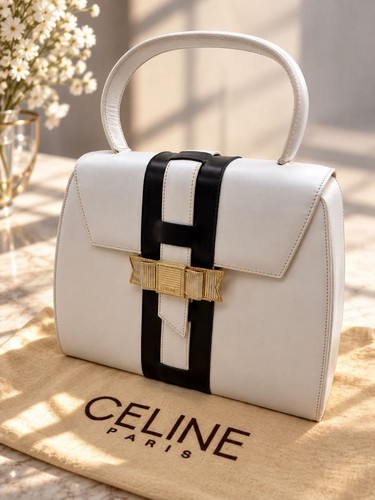 Celine Vintage Leather Handbag Black White Gold Hardware