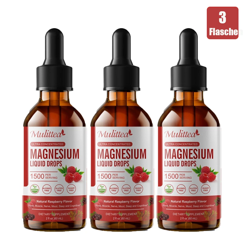 MULITTEA 3 Flaschen Hochwertige Magnesium Glycinate Flüssigtropfen 1500mg Vegane Tropfen
