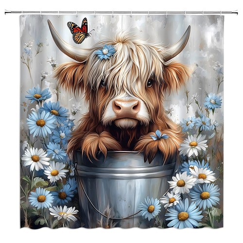 Highland Cow Shower Curtain Rustic Farmhouse Animal Cute Highland Cow Blue