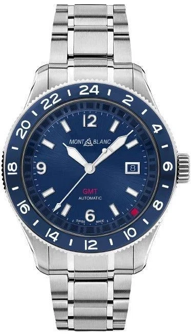 MontBlanc 1858 GMT 42mm 129616 Blue Dial Bezel Stainless Steel Men's Watch