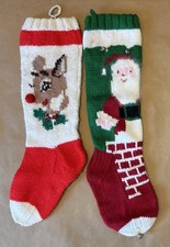 2 Vtg 1950s Wool Knit Christmas Stockings Rudolph Santa Sequins