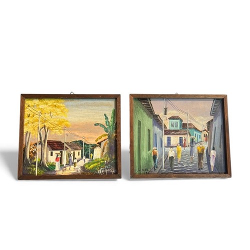 Vintage L Vasquez 1992 El Salvador Folk Art Village Street Scene Paintings Set 2