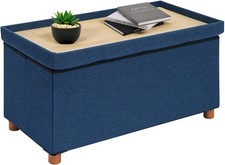 Bonlife Footstool for Living Room,Blue Ottoman Storage Box with Tray,Folding Ot