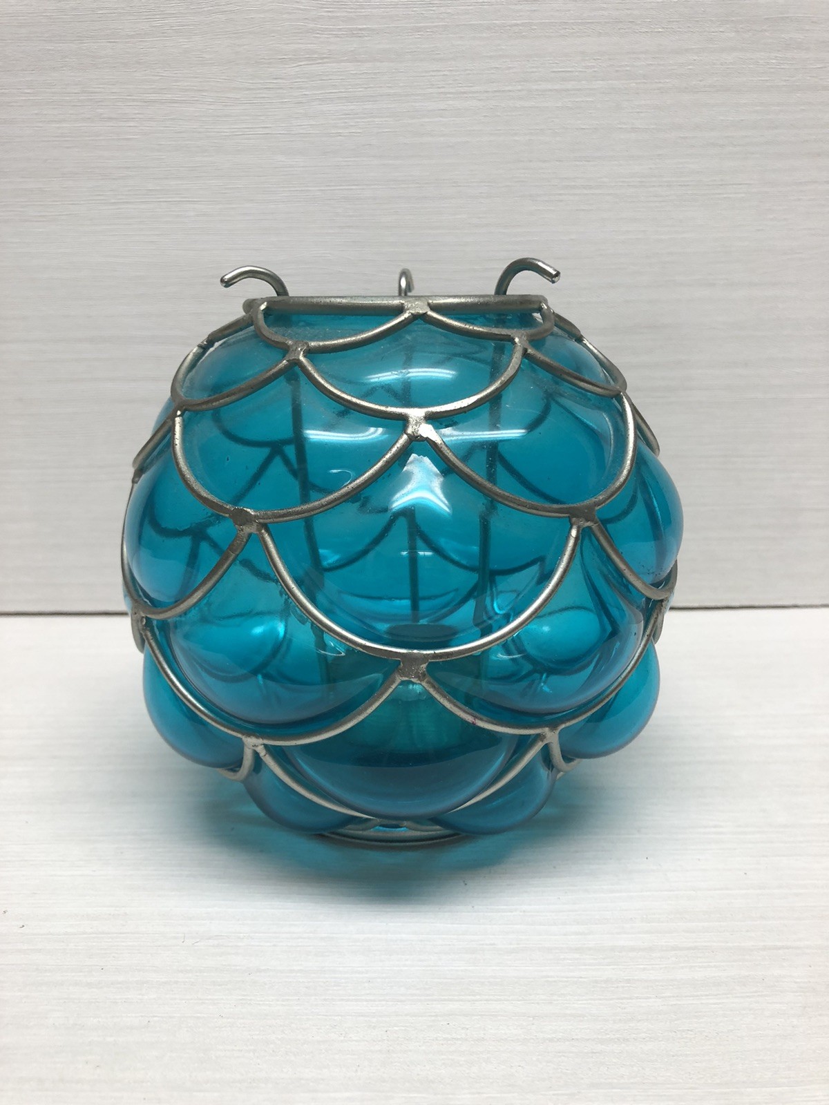VTG Teal Blue Silver Metal Overlay Caged Glass Round Tea Light Holder Reflective