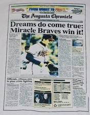 Vintage 1991 Atlanta Braves Dreams Do Come True Newspaper Print T-Shirt Men’s XL