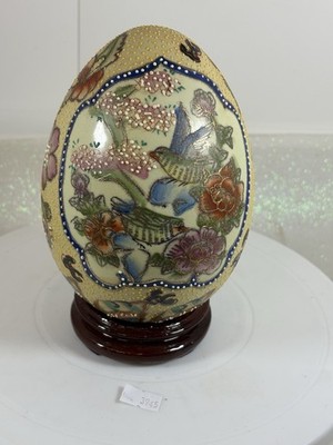 GROßE Vintage japanische handbemalte Satsuma Moriage Goso blaues Ei Skulptur