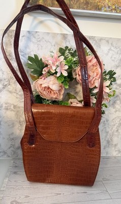 Vintgage Bruno Magli Italy Croc Embossed Camel Brown 2 Strap Shoulder Bag 9''X 8''