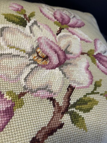 Vintage Floral Needlepoint Pillow 14x14 Cottage Core Grandma Core Floral - Picture 7 of 7