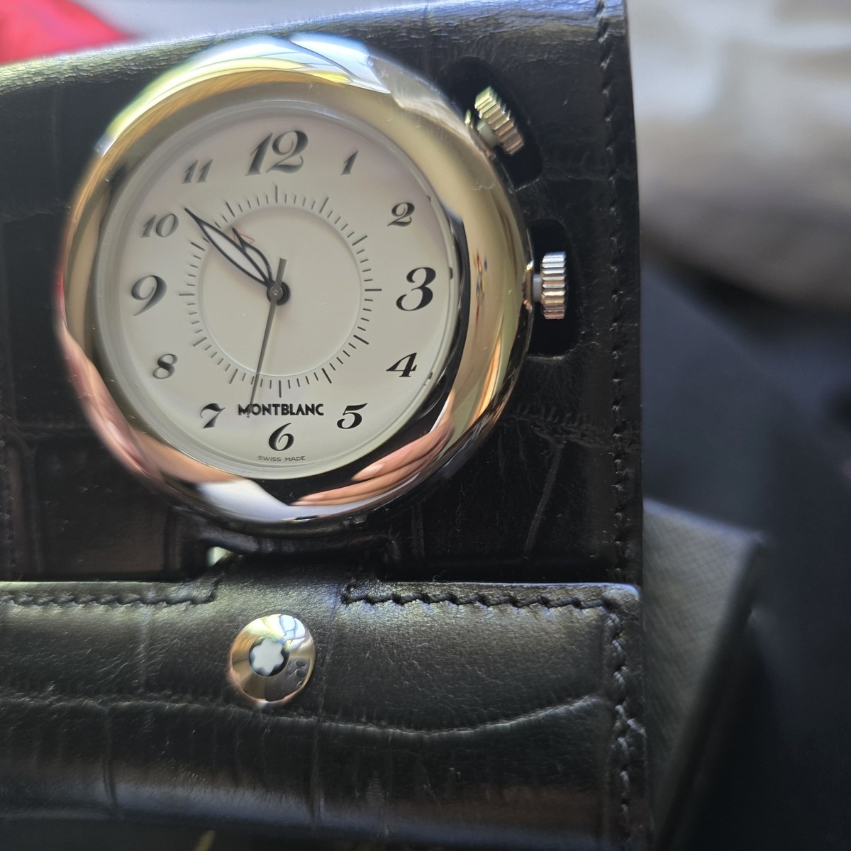 ジャンク品 MONTBLANC 置時計 トラベルクロック レザー 1795 Montblanc Travel Alarm,Office Clock 7056 w Black Leather case/Box