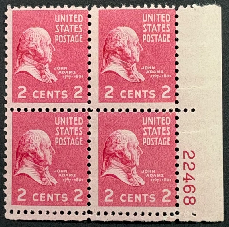 US Presidential Series, Scott #806, 2c John Adams, Plate Block of 4, MNH, Fine