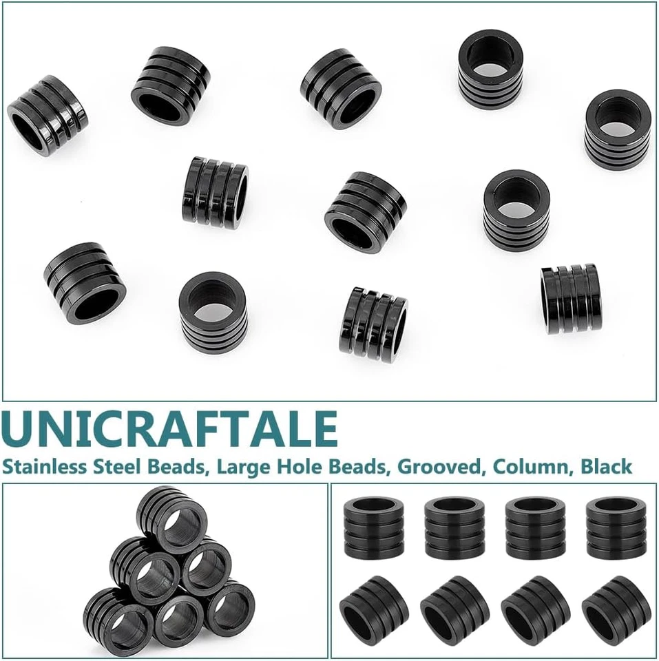 12Pcs Paracord Bead Stainless Steel Column Spacer Beads Black Grooved Tube La... - Image 2 of 4