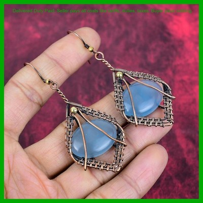 New Year Sale Aquamarine Stone Wire Wrapped Boho Dangle Earrings Jewelry Copper