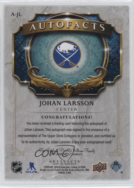 2020-21 Upper Deck Artifacts Auto Facts Johan Larsson #A-JL Auto - Image 2 of 2