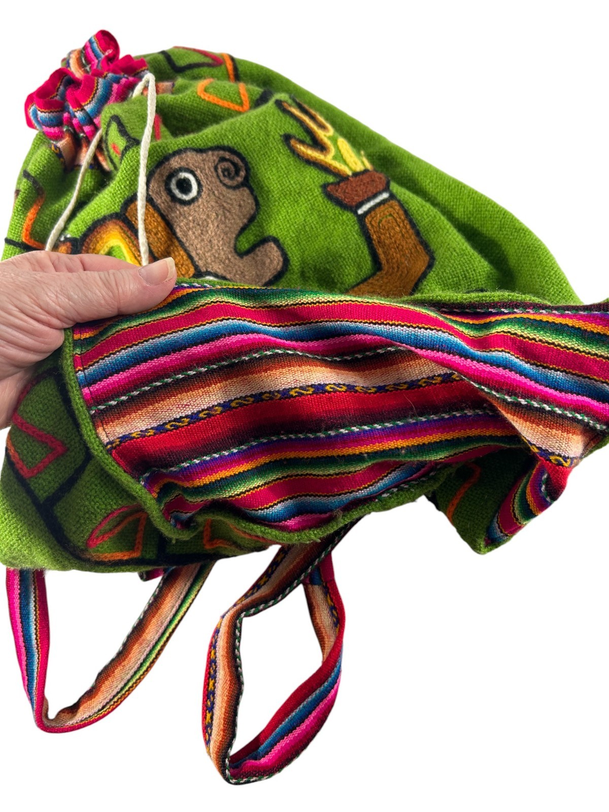 Handmade Peruvian Wool Drawstring Backpack Green … - image 4