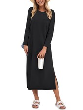 Womens 3/4 Sleeve Striped Slit Midi T Shirt Dresses 2026 Summer Casual Beach ...